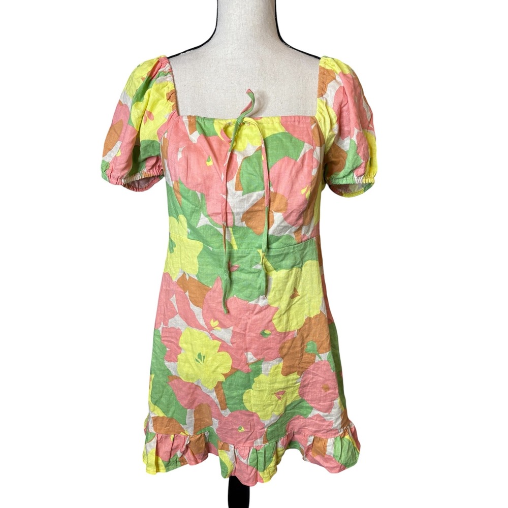 Sanctuary Floral Linen Blend Mini Dress Pink Green Yellow Size 6 Ruffle
